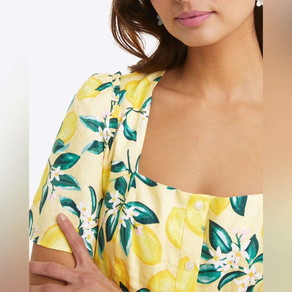 Draper James Yellow Lemon Print 100% Linen Mini Dress - Picture 4 of 13